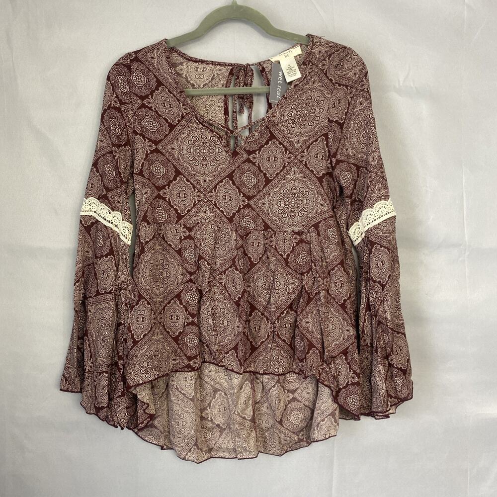 VTG Y2K Wet Seal Top Always Me Women S Boho Bell Slv Peasant Blouse Crochet Lace